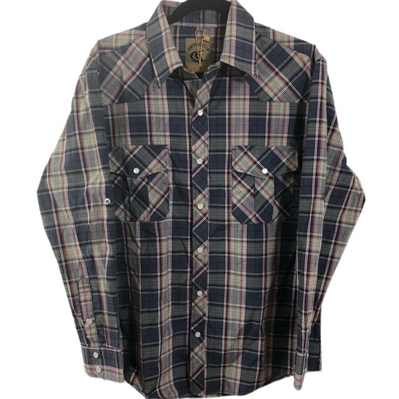 Coevals Club Pearl Snap Western Shirt Mens Medium Roll Tab L/S Gray Plaid - Picture 1 of 11